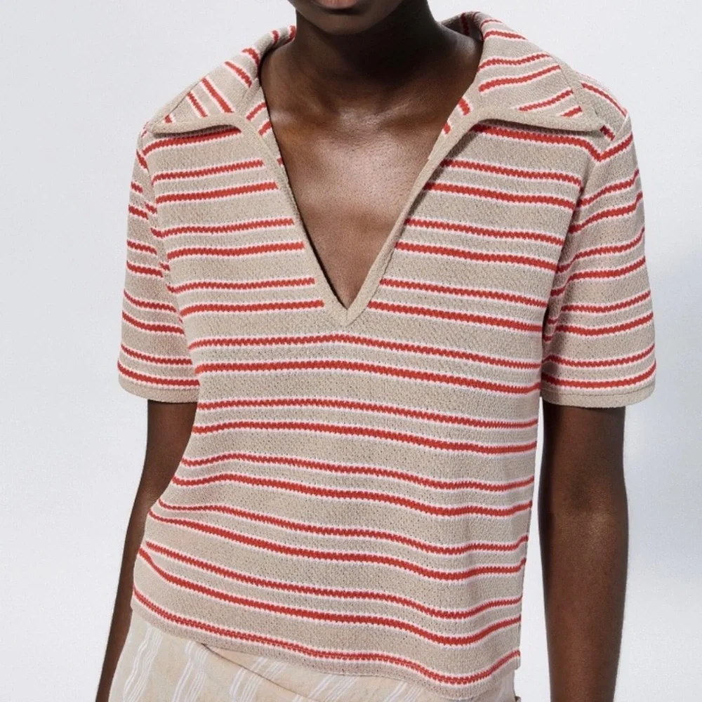 Zara Retro Striped V-Neck Short Sleeve Top - Picture 1 of 5